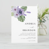 Violett Tropisches Leaf Botanisches All in One Wed Einladung (Stehend Vorderseite)