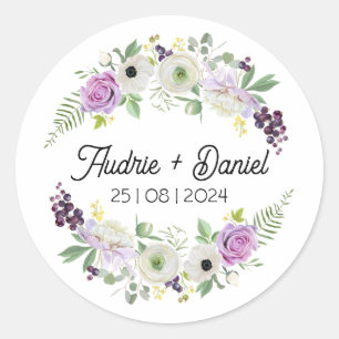 Violett und grüne rustikale Blume Hochzeitsticker Runder Aufkleber