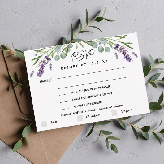 Violett Violett Hochzeitsmenü Antwort RSVP Karte