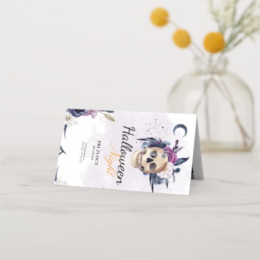 Violett Wasserfarbe Halloween-Party Gothic Skull Platzkarte (Vorderseite)