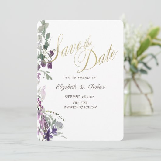 Violett-Wildblume Save the Date (Stehend Vorderseite)