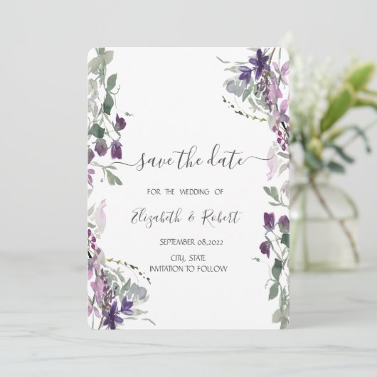 Violett-Wildblume Save the Date (Stehend Vorderseite)