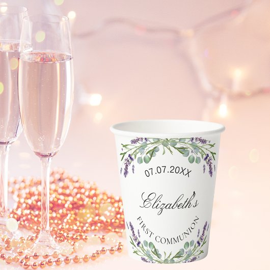 Violettblüten aus Lavendel Erste Kommunion Pappbecher
