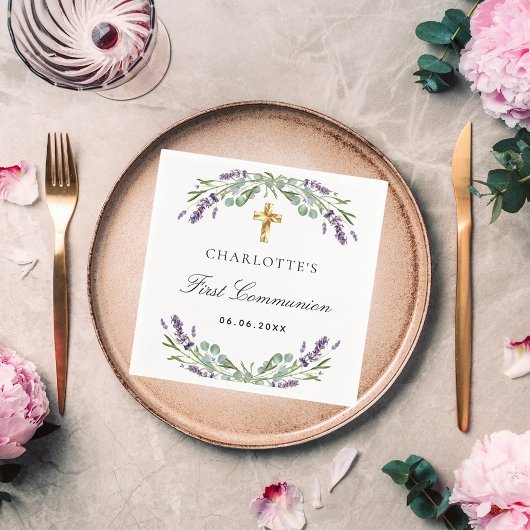 Violettblüten aus Lavendel Erste Kommunion Serviette
