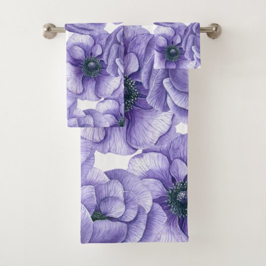 Violette Anemone Blume Aquarellmuster Badhandtuch Set (Insitu)