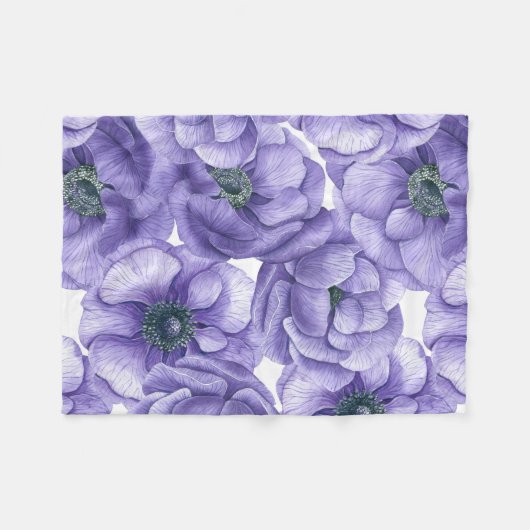 Violette Anemone Blume Aquarellmuster Fleecedecke (Vorderseite (Horizontal))