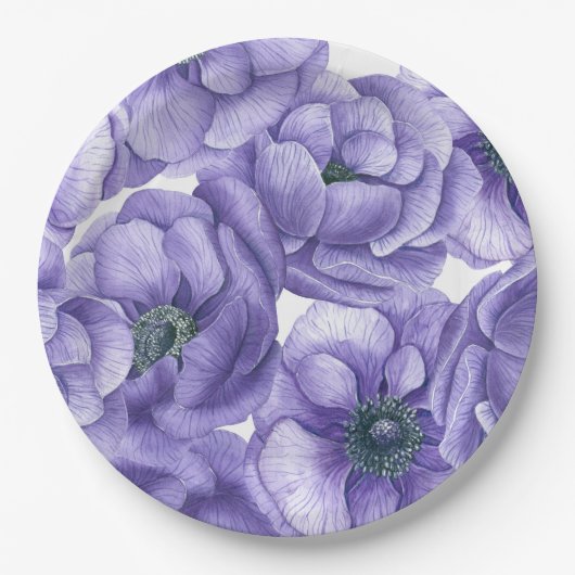 Violette Anemone Blume Aquarellmuster Pappteller (Vorderseite)
