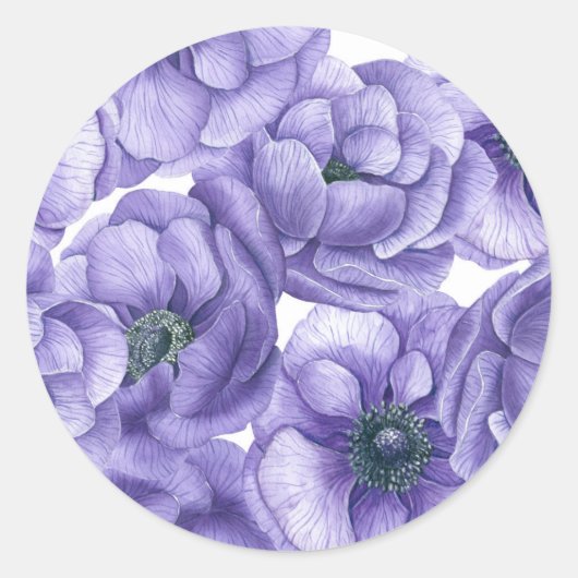 Violette Anemone Blume Aquarellmuster Runder Aufkleber (Vorderseite)