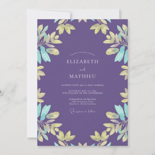 Violette Aqua-Blatt-Hochzeit Einladung (Vorderseite)