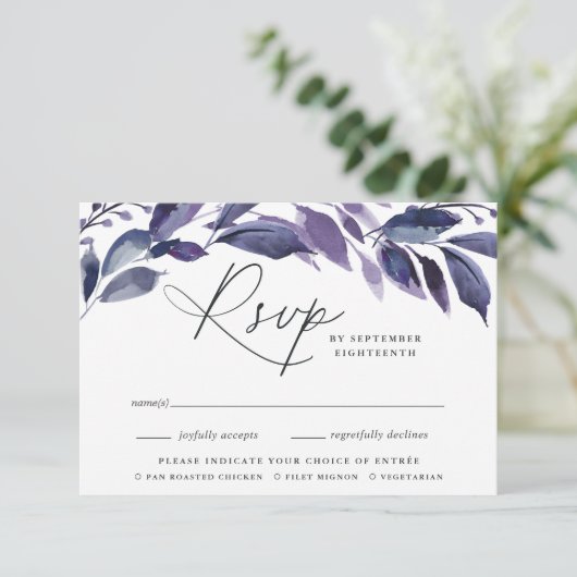 Violette Auswahl an botanischen Speisen RSVP Karte (Stehend Vorderseite)