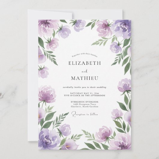 Violette bemalte Ranunculus-Hochzeit Einladung (Vorderseite)
