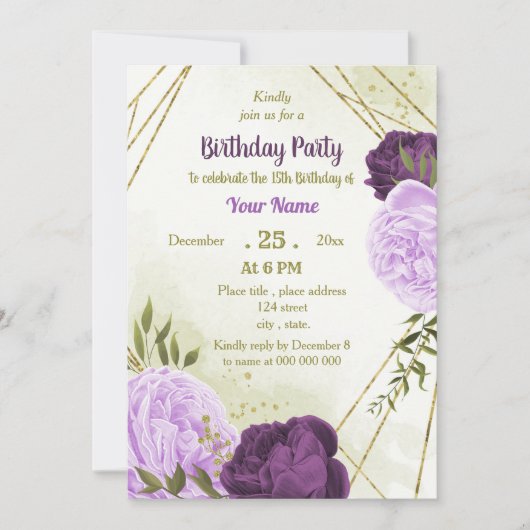 violette blühende grüne Blätter Geburtstag Einladung (Vorderseite)