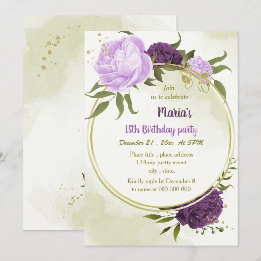 violette blühende grüne Blätter Geburtstag Einladung (Vorne/Hinten)
