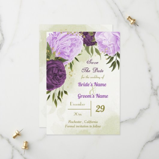 violette blühende grüne Blätter Save The Date (Vorderseite/Rückseite Beispiel)