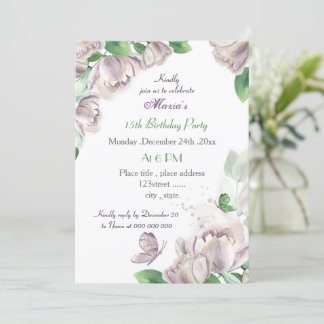 violette Blumen & Blätter Schmetterlinge Geburtsta Einladung