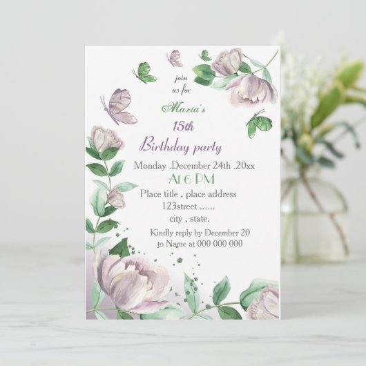 violette Blumen & Blätter Schmetterlinge Geburtsta Einladung (Stehend Vorderseite)