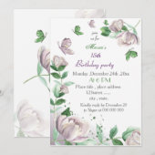 violette Blumen & Blätter Schmetterlinge Geburtsta Einladung (Vorne/Hinten)