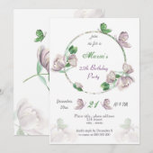 violette Blumen & Blätter Schmetterlinge Geburtsta Einladung (Vorne/Hinten)