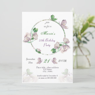 violette Blumen & Blätter Schmetterlinge Geburtsta Einladung