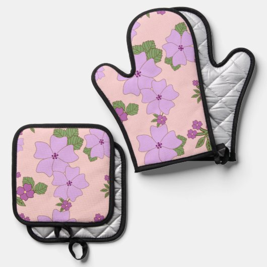Violette Blumen, Blumenmuster, Muster von Blume Ofenhandschuh & Topflappen-Set (Vorderseite/Rückseite)