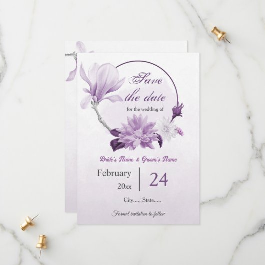 violette Blumen botanische Hochzeit Save The Date (Vorderseite/Rückseite Beispiel)