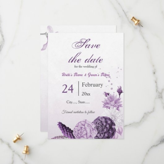 violette Blumen botanische Hochzeit Save The Date (Vorderseite/Rückseite Beispiel)
