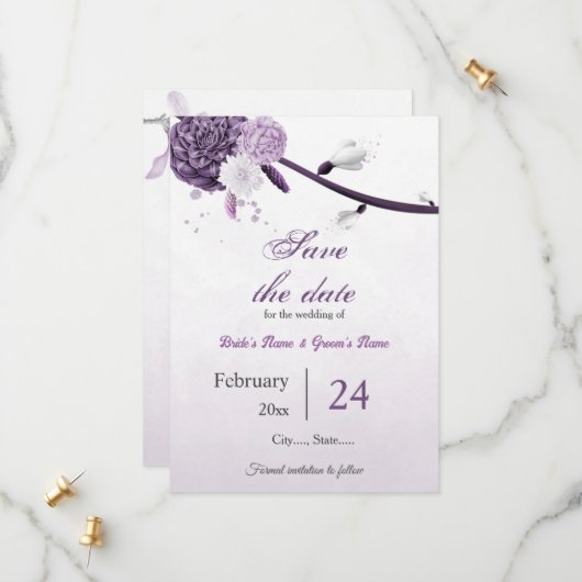violette Blumen botanische Hochzeit Save The Date (Vorderseite/Rückseite Beispiel)
