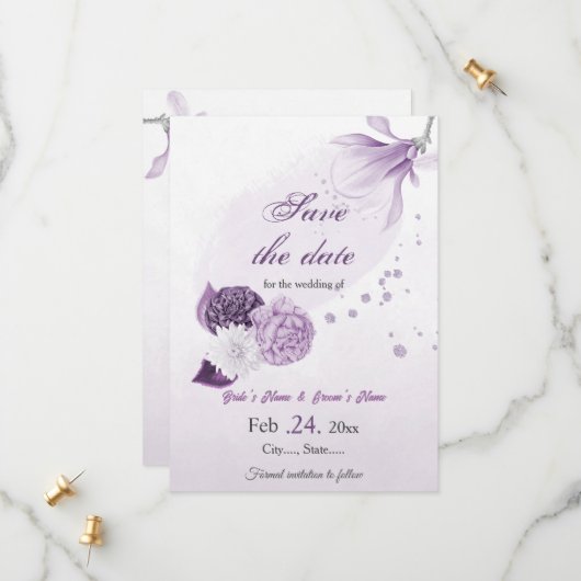 violette Blumen botanische Hochzeit Save The Date (Vorderseite/Rückseite Beispiel)