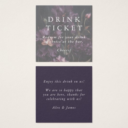 Violette Blumen Drink Ticket Hochzeit Bar Token (Vorne & Hinten)