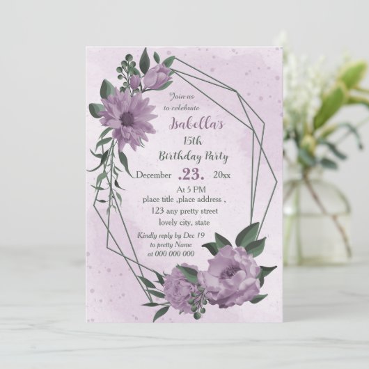 violette Blumen, geometrischer Geburtstag Einladung (Stehend Vorderseite)