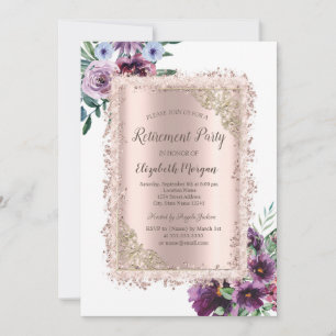 Violette Blumen Glitter Rahmen, Roségold Ruhestand Einladung
