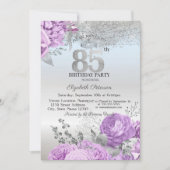 Violette Blumen Glitter Silber 85. Geburtstag Einladung (Vorderseite)