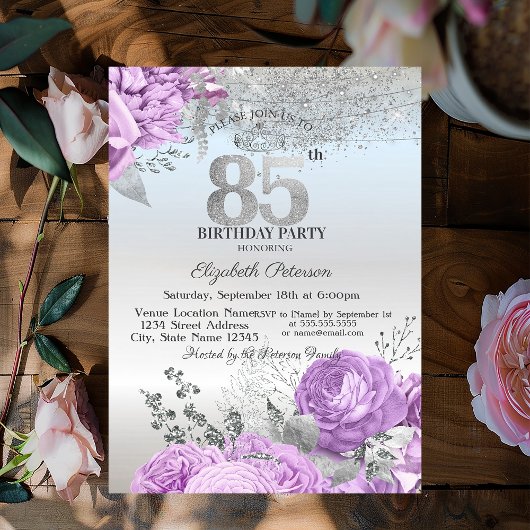 Violette Blumen Glitter Silber 85. Geburtstag Einladung