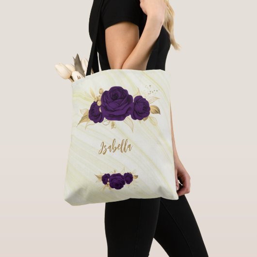 violette Blumen goldene Blätter Marmortüte Tasche (Von Nahem)