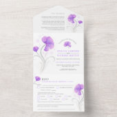 violette Blumen, graue, weiße, wirbelfarbene Hochz All In One Einladung (Innen Boden)