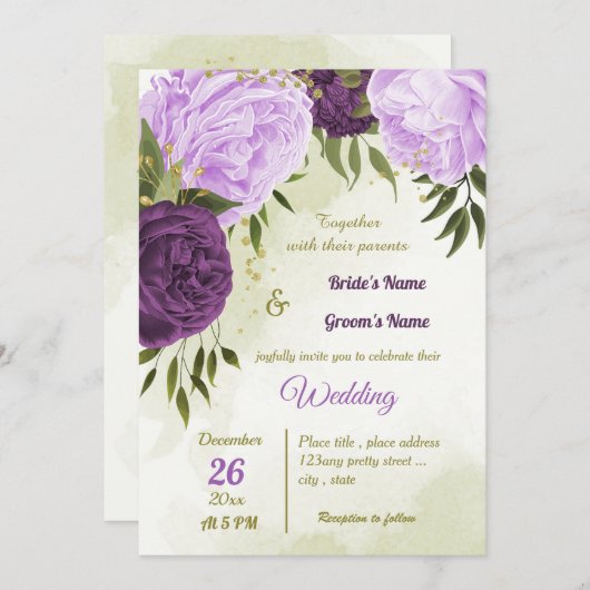 violette Blumen grüne Blätter Hochzeit Einladung (Vorne/Hinten)
