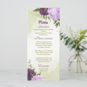 violette Blumen grüne Blätter Hochzeit Menükarte (Stehend Vorderseite)