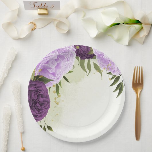 violette Blumen grüne Blätter Hochzeit Pappteller (Hochzeit)