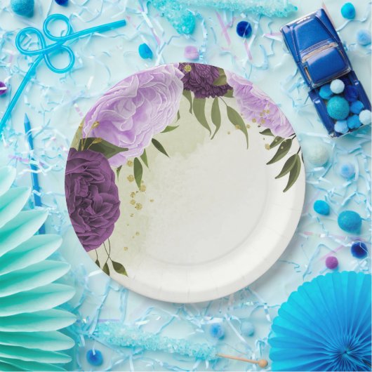 violette Blumen grüne Blätter Hochzeit Pappteller (Party)