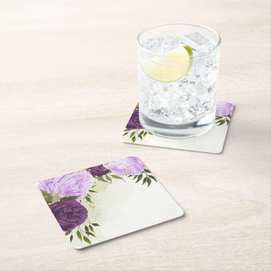 violette Blumen grüne Blätter Hochzeit Rechteckiger Pappuntersetzer (Vor Ort)