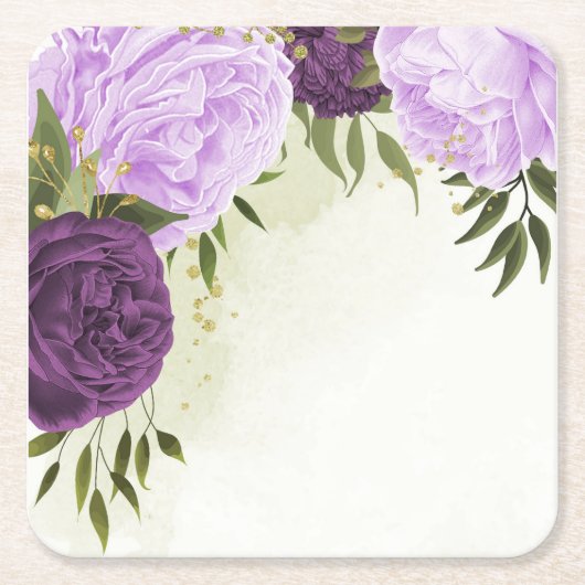 violette Blumen grüne Blätter Hochzeit Rechteckiger Pappuntersetzer (Vorderseite)