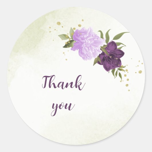 violette Blumen grüne Blätter Hochzeit Runder Aufkleber (Vorderseite)