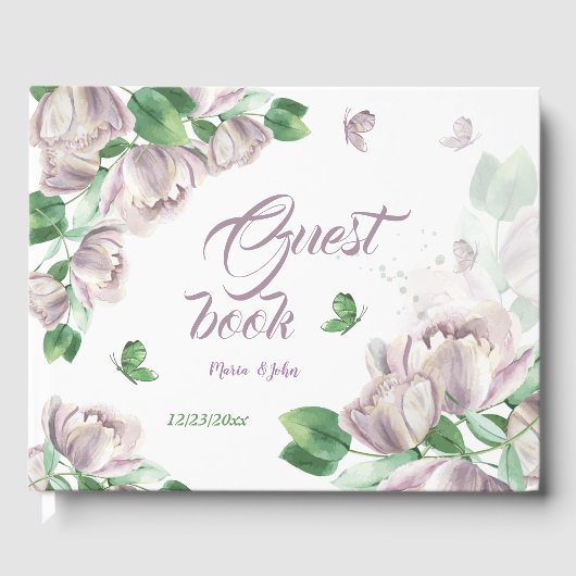 violette Blumen, grüne Blätter Schmetterlinge Gästebuch (Vorderseite)