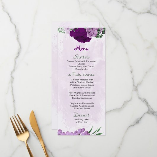 Violette Blumen Grüne Hochzeit Menükarte (Vorderseite/Rückseite Beispiel)