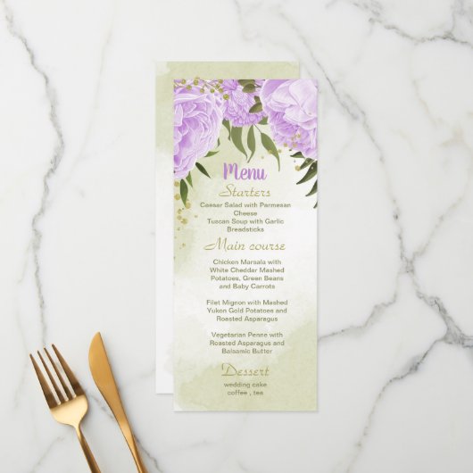 Violette Blumen Grüne Hochzeit Menükarte (Vorderseite/Rückseite Beispiel)