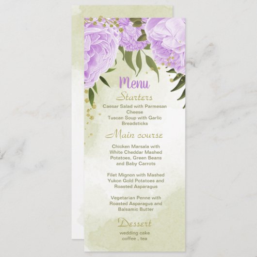 Violette Blumen Grüne Hochzeit Menükarte (Vorne/Hinten)