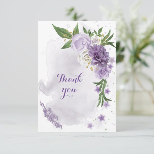 violette Blumen Grüngold Dankeskarte (Stehend Vorderseite)