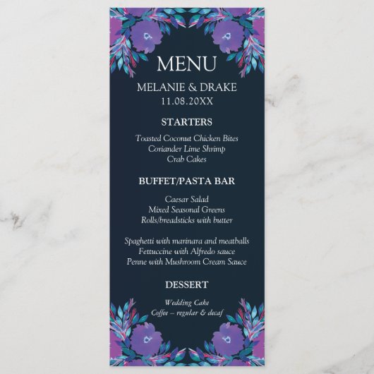 Violette Blumen Handgemalte Menükarte (Vorderseite)