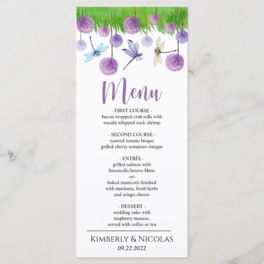 Violette Blumen Hochzeitsmenü Menükarte (Vorderseite)