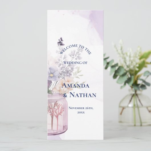 Violette Blumen in Mason Jar Blumenzettel Einladung (Stehend Vorderseite)